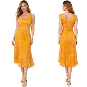 Komarov Marigold Crinkle Chiffon Midi Dress Small Yellow Orange Sheer Overlay